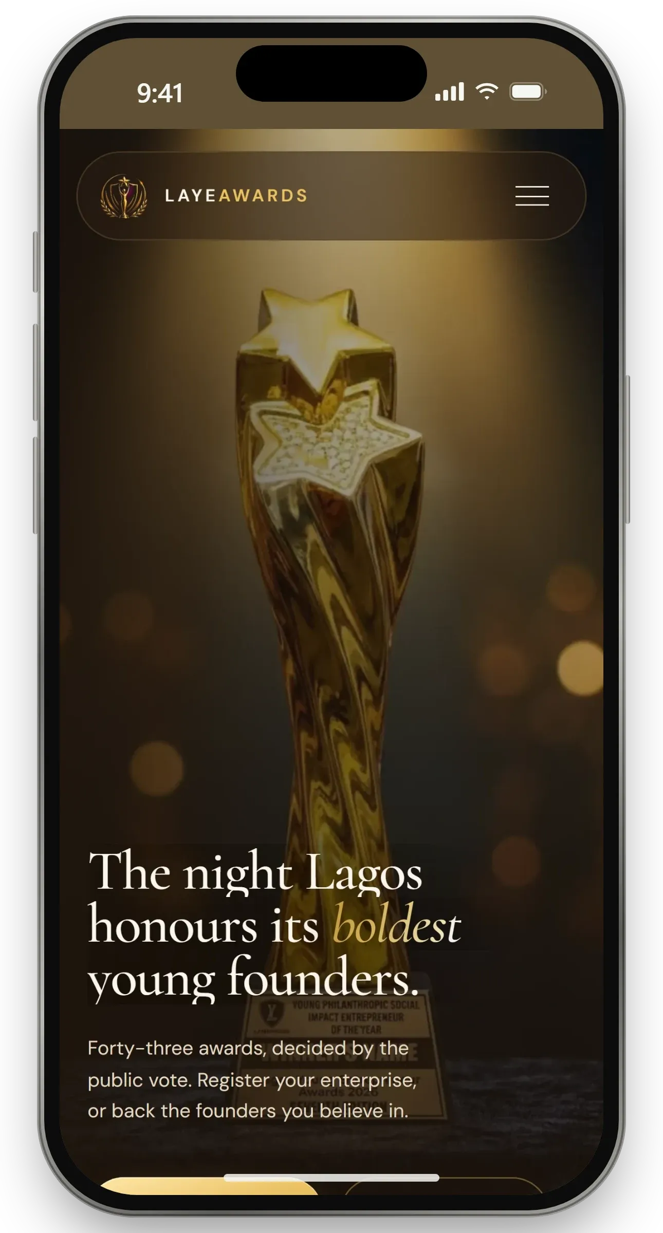 LAYE Awards homepage on a phone